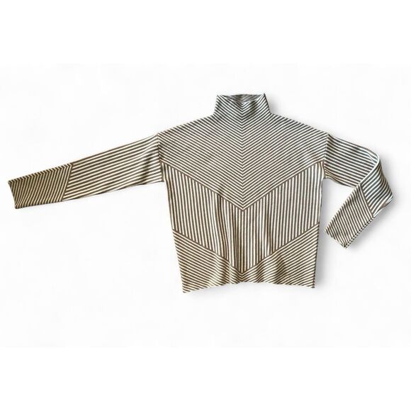 TAHARI Brown White Stripe Women’s Mock Neck Sweater S Stretchy Knit Pull On - Picture 1 of 7